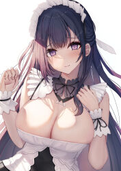 Rule 34 | 1girl, blush, breasts, cleavage, closed mouth, commentary request, hair ornament, hands up, large breasts, liya, long hair, looking at viewer, maid, maid headdress, original, purple eyes, purple hair, simple background, smile, upper body, white background, white headwear
