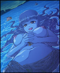 Rule 34 | 1boy, 1girl, afloat, anko (karbo), blue eyes, blue hair, blue skin, blunt bangs, breasts, breasts apart, cleavage, cloud, cloudy sky, colored skin, dutch angle, felarya, fins, fish, giant, giantess, hair spread out, karbo, licking lips, living island, long hair, lying, mini person, miniboy, monster girl, navel, night, nipples, ocean, on back, outdoors, own hands clasped, own hands together, pointy ears, ragna (felarya), sarong, seaweed, shirt, shorts, signature, sky, sparkle, tongue, tongue out, topfreedom, topless, tree, underboob, water