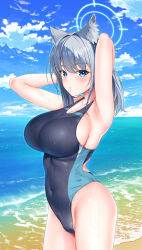 Rule 34 | 1girl, adjusting hair, alternate breast size, animal ear fluff, animal ears, armpits, arms behind head, arms up, bare shoulders, beach, blue archive, blue eyes, blue sky, blush, breasts, cloud, competition swimsuit, covered navel, cowboy shot, curvy, day, extra ears, grey hair, hair ornament, hair tie in mouth, halo, highleg, highleg swimsuit, highres, large breasts, looking at viewer, mismatched pupils, mouth hold, official alternate costume, one-piece swimsuit, outdoors, sabishiiyoru, shiroko (blue archive), shiroko (swimsuit) (blue archive), sky, solo, standing, swimsuit, thighs, water, wet, wolf ears