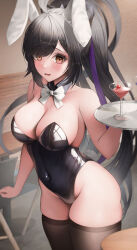 Rule 34 | 1girl, absurdres, ahoge, animal ears, black collar, black hair, black leotard, black thighhighs, blurry, blush, bow, bowtie, breasts, brown eyes, bsmage, cleavage, collar, cowboy shot, cup, depth of field, detached collar, dress, drinking glass, embarrassed, fake animal ears, highleg, highres, holding, holding tray, large breasts, leotard, long hair, looking at viewer, open mouth, playboy bunny, ponytail, rabbit ears, saki fuwa (tower of fantasy), sidelocks, solo, strapless, strapless dress, thighhighs, thighs, tower of fantasy, traditional bowtie, tray, very long hair, white bow, white bowtie, yellow eyes