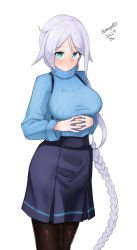 Rule 34 | 1girl, absurdres, black pantyhose, black skirt, blue eyes, blue sweater, braid, cowboy shot, hair tie, highres, kantai collection, long hair, maru (marg0613), mole, mole under eye, official alternate costume, own hands clasped, own hands together, pantyhose, parted bangs, silver hair, simple background, single braid, skirt, solo, suspender skirt, suspenders, sweater, umikaze (kancolle), very long hair, white background