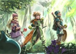 Rule 34 | 1girl, 2boys, apple, bag, black pants, black undershirt, blonde hair, blue eyes, blue headwear, blue tunic, boots, brown footwear, brown gloves, cape, closed eyes, closed mouth, commentary request, cousins, curly hair, dragon quest, dragon quest ii, flower, food, forest, from side, fruit, full body, gloves, goggles, goggles on headwear, grass, green apple, green footwear, highres, holding, holding food, holding fruit, holding shield, hood, light rays, long hair, looking up, monster, multiple boys, nature, open mouth, orange cape, orange hair, outdoors, pants, pink headwear, prince, prince of lorasia, prince of samantoria, princess, princess of moonbrook, profile, robe, shield, shoulder bag, slime (dragon quest), smile, spiked hair, staff, standing, sunlight, sword, tree, turtleneck, twitter username, wakana 0125, walking, weapon, weapon on back, white robe