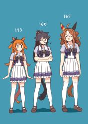 Rule 34 | 3girls, ^ ^, absurdres, ahoge, animal ears, arms at sides, bandaid, bandaid on face, bandaid on nose, black hair, breasts, brown footwear, brown hair, closed eyes, copano rickey (umamusume), crossed arms, double bun, full body, hair bun, height chart, height difference, highres, horse ears, horse girl, horse tail, looking at another, mayano top gun (umamusume), medium breasts, mouth hold, multiple girls, narita brian (umamusume), no mouth, open mouth, orange hair, petoka, ponytail, purple shirt, sailor collar, school uniform, shirt, shoes, simple background, skirt, small breasts, smile, stalk in mouth, standing, sweatdrop, tail, thighhighs, tracen school uniform, umamusume, white skirt, white thighhighs, | |