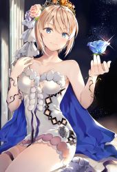 Rule 34 | 1girl, bare legs, bare shoulders, blonde hair, blue cape, blue eyes, blue flower, blue rose, blush, boots, breasts, cape, cleavage, closed mouth, collarbone, crown, dress, europa (granblue fantasy), female focus, flower, gem, granblue fantasy, hair between eyes, hair flower, hair ornament, hands up, head tilt, highres, holding, holding flower, holding rose, jewelry, legs, looking at hand, medium breasts, neck, pillar, pink flower, pink rose, purple flower, purple rose, rose, seiza, short dress, short hair, sidelocks, sitting, smile, soraneko hino, strapless, strapless dress, thighs, tiara, topaz (stone), tube dress, wariza, white dress, white footwear