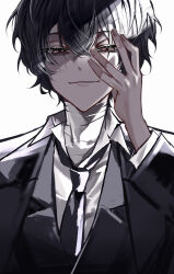 Rule 34 | 1boy, absurdres, bandaged neck, bandages, black hair, black jacket, black necktie, black suit, brown eyes, bungou stray dogs, dazai osamu (bungou stray dogs), fingernails, formal, half-closed eyes, hand on own face, highres, jacket, looking at viewer, male focus, necktie, simple background, smile, solo, suit, upper body, white background, ya ta