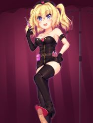 Rule 34 | 1girl, armband, bare shoulders, bdsm, belt, black footwear, black gloves, blonde hair, blue eyes, blush, bondage, boots, bound, breasts, censored, cleavage, collarbone, dominatrix, elbow gloves, enu naitsu, facing viewer, footjob, gloves, hand on own hip, hat, heart, heart-shaped pupils, high heel boots, high heels, legs apart, long hair, mosaic censoring, open mouth, panties, pantyshot, penis, sadism, shiny skin, shoejob, small breasts, solo focus, standing, stepped on, strapless, symbol-shaped pupils, syringe, thigh boots, thighhighs, twintails, underwear, veins, veiny penis
