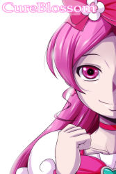 Rule 34 | 10s, 1girl, bloom, bow, brooch, character name, choker, cure blossom, hanasaki tsubomi, heart, heart brooch, heartcatch precure!, highres, jewelry, long hair, magical girl, nishi koutarou, out of frame, pink eyes, pink hair, pink theme, portrait, precure, simple background, smile, solo, white background