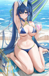 Rule 34 | 1girl, arm up, azur lane, bag, barefoot, beach, beach umbrella, bikini, blue bikini, blue hair, breasts, closed mouth, commentary request, crazy straw, cup, drinking straw, full body, heart straw, highres, large breasts, long hair, looking at viewer, navel, new jersey (azur lane), new jersey (midsummer leisure) (azur lane), official alternate costume, outdoors, qing wu, sitting, smile, stomach, swimsuit, thighs, umbrella, very long hair, wariza, water