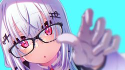 Rule 34 | 1girl, :o, absurdres, black-framed eyewear, black shirt, blue background, blurry, blurry foreground, collared shirt, depth of field, dutch angle, glasses, gloves, grey hair, hair between eyes, hair ornament, hairclip, hakase fuyuki, hand up, highres, long hair, long sleeves, looking at viewer, nijisanji, parted lips, red eyes, sakuya tsuitachi, shirt, simple background, solo, upper body, virtual youtuber, white gloves