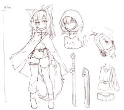 Rule 34 | 1girl, absurdres, ahoge, animal, animal ears, blush, boots, cape, cat, character sheet, closed mouth, faceless, faceless female, fingerless gloves, gloves, greyscale, head tilt, highres, hood, hood down, hood up, hooded cape, long hair, long sleeves, looking at viewer, monochrome, multiple views, original, pantyhose, shaded face, shirt, short shorts, shorts, simple background, sketch, standing, sword, tandohark, torn clothes, torn legwear, weapon, white background