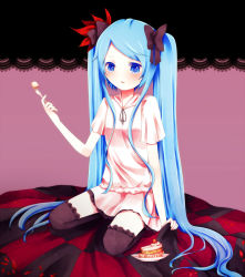 Rule 34 | 1girl, bad id, bad pixiv id, bed sheet, blue eyes, blue hair, cake, dress, food, hair ribbon, hatsune miku, lace background, long hair, matching hair/eyes, nakatambo, nakatanbo, no nose, pastry, ribbon, sitting, skirt, smile, solo, thighhighs, twintails, very long hair, vocaloid, world is mine (vocaloid), zettai ryouiki