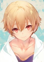 Rule 34 | 1boy, aged down, blonde hair, blush, child, child gilgamesh (fate), collarbone, commentary request, eyebrows hidden by hair, fate/grand order, fate (series), gilgamesh (fate), hair between eyes, hood, hood down, hooded jacket, jacket, kodama (wa-ka-me), light blush, looking at viewer, male focus, open clothes, open jacket, purple shirt, red eyes, shirt, short hair, smile, solo, upper body, white jacket
