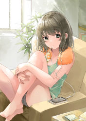 Rule 34 | 1girl, armchair, bare legs, bare shoulders, barefoot, blush, book, brown hair, camisole, cellphone, chair, commentary request, day, drinking, earphones, green eyes, grey panties, juice box, knees up, moe2021, mouth hold, original, panties, phone, plant, potted plant, short hair, sitting, smartphone, solo, tomura2maru, towel, towel around neck, underwear, underwear only, window