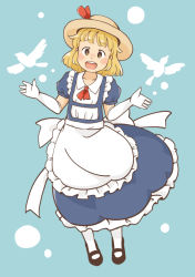 Rule 34 | 1girl, apron, bird, black footwear, blonde hair, blue dress, chii-kun (seedyoulater), collared shirt, dress, elbow gloves, frilled dress, frills, full body, gloves, hat, hat ribbon, kana anaberal, looking at viewer, mary janes, open mouth, pantyhose, puffy short sleeves, puffy sleeves, red ribbon, ribbon, shirt, shoes, short hair, short sleeves, simple background, solo, teeth, touhou, touhou (pc-98), waist apron, white gloves, white pantyhose, yellow eyes