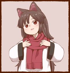 Rule 34 | 1girl, :d, animal ears, black scarf, border, brown border, brown hair, dress, imaizumi kagerou, letterboxed, long hair, long sleeves, open mouth, poronegi, red scarf, scarf, smile, solo, touhou, upper body, wolf ears