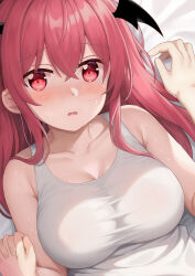 Rule 34 | 1boy, 1girl, absurdres, bare shoulders, blush, breasts, cleavage, collarbone, crossed bangs, from above, hair between eyes, head wings, hetero, highres, holding hands, hoshimi tooni, interlocked fingers, koakuma, large breasts, long hair, looking at viewer, lying, on back, open mouth, pov, pov hands, red eyes, red hair, sweat, touhou, upper body, wings