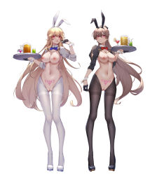 Rule 34 | 2girls, absurdres, alternate costume, animal ears, arm up, azur lane, black footwear, black gloves, black pantyhose, blonde hair, blue bow, blue bowtie, blush, bow, bowtie, breasts, brown hair, cleavage, commentary request, detached collar, earrings, fake animal ears, gloves, gluteal fold, hair between eyes, half gloves, high heels, highres, holding, holding tray, jean bart (azur lane), jewelry, large breasts, long hair, meme attire, multiple girls, navel, nipples, pantyhose, pubic tattoo, pussy, rabbit ears, red bow, red bowtie, red eyes, reverse bunnysuit, reverse outfit, richelieu (azur lane), simple background, strapless, tattoo, thigh gap, thighband pantyhose, tray, v, white background, white footwear, white pantyhose, wrist cuffs, wsfw