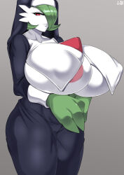Rule 34 | 1girl, absurdres, areola slip, breasts, collarbone, colored skin, covered erect nipples, creatures (company), dress, game freak, gardevoir, gen 3 pokemon, green hair, grey background, habit, highres, huge breasts, nintendo, nun, parted lips, pokemon, pokemon (creature), puffy nipples, red eyes, simple background, solo, standing, white skin, wirberlwind