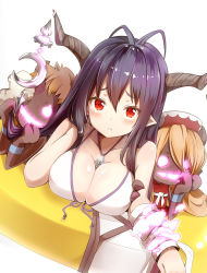 Rule 34 | 10s, 1girl, antenna hair, bare shoulders, bikini, black hair, blush, breasts, cleavage, collarbone, danua, draph, frown, granblue fantasy, gretel (granblue fantasy), hair between eyes, hansel (granblue fantasy), hilo (joy hero), horns, jewelry, large breasts, long hair, looking at viewer, lying, necklace, on stomach, pilokey, pointy ears, red eyes, swimsuit, white background, white bikini
