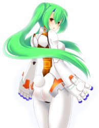 Rule 34 | 10s, 1girl, absurdres, android, ass, rabbit tail, cowboy shot, from behind, green hair, gunslinger stratos, highres, joints, long hair, orange eyes, robot ears, robot joints, solo, tail, toppema mapetto, twintails, white background, xi-988