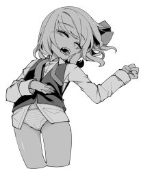 Rule 34 | 1girl, bad id, bad twitter id, blush, bow, closed eyes, collared shirt, cowboy shot, cropped legs, drooling, fangs, greyscale, groin, hair bow, long sleeves, monochrome, no pants, open mouth, panties, rumia, saliva, shamo (koumakantv), shirt, short hair, simple background, sleeping, sleeveless, solo, striped clothes, striped panties, touhou, underwear, white background