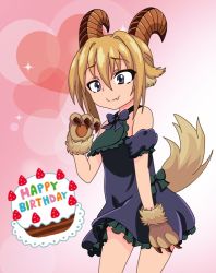 Rule 34 | 1girl, alternate costume, alternate hair length, alternate hairstyle, animal ears, animal hands, artist check, artist request, baphomet (monster girl encyclopedia), bare shoulders, brown hair, check artist, claws, commentary, cowboy shot, demon girl, detached sleeves, dress, fang, fang out, goat horns, hair between eyes, happy birthday, heart, heart background, horns, looking at viewer, midorimame, monster girl, monster girl encyclopedia, petite, purple dress, purple eyes, short hair, smile, solo, tail, tail raised