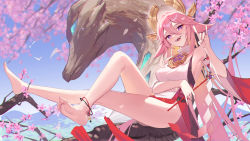 Rule 34 | 1girl, animal ears, barefoot, breasts, cherry blossoms, commentary request, detached sleeves, feet, fox ears, fox shadow puppet, full body, genshin impact, hair between eyes, hair ornament, highres, japanese clothes, legs, long hair, looking at viewer, medium breasts, miko, mio-muo1206, open mouth, petals, pink hair, priestess, purple eyes, sitting, smile, soles, solo, teeth, thighs, toes, upper teeth only, very long hair, yae miko