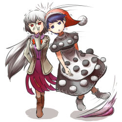 Rule 34 | 2girls, angel wings, beige jacket, blue eyes, blue hair, boots, bow, bowtie, covering own mouth, dark blue hair, doremy sweet, dream soul, dress, hand to own mouth, hat, heads together, highres, kishin sagume, long sleeves, multiple girls, peroponesosu., pom pom (clothes), purple dress, red eyes, red neckwear, santa hat, short hair, silver hair, simple background, single wing, slipping, touhou, triangle mouth, v-shaped eyebrows, white background, wings