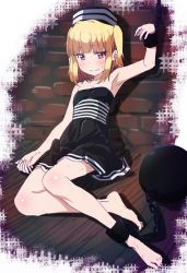 Rule 34 | 1girl, armpits, ball and chain restraint, barefoot, black dress, black hat, blonde hair, blush, breasts, bruise, cleavage, collarbone, dress, feet, hat, highres, iijima yun, injury, looking at viewer, makicha (sasurainopink), new game!, prison, prison clothes, prisoner, red eyes, restrained, shiny skin, short dress, sitting, sleeveless, sleeveless dress, small breasts, solo, strapless, strapless dress, twintails, two side up