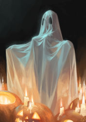 Rule 34 | 1girl, absurdres, bed sheet, breasts, candle, chen zhang, costume, covered erect nipples, fire, fire, ghost costume, halloween, halloween costume, highres, jack-o&#039;-lantern, large breasts, melting, original, pumpkin, see-through, see-through silhouette, signature, silhouette, solo