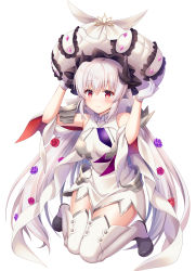 Rule 34 | 1girl, breasts, cosplay, dragon girl, dragon horns, dress, fate/grand order, fate (series), frilled hat, frills, gloves, grey hair, hat, highres, horns, kiyohime (fate), kiyohime (third ascension) (fate), large breasts, large hat, long hair, marie antoinette (fate), marie antoinette (fate) (cosplay), marie antoinette (third ascension) (fate), multiple horns, red eyes, short dress, sleeveless, sleeveless dress, solo, suzumia (daydream), thighhighs, very long hair, white dress, white gloves, white hat, white thighhighs