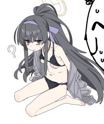 Rule 34 | 1girl, ?, absurdres, doodle sensei (blue archive), bags under eyes, barefoot, bikini, black bikini, black hair, blue archive, breasts, cardigan, commentary request, grey cardigan, hairband, halo, highres, large areolae, long hair, navel, nipples, o-ring, o-ring bikini, official alternate costume, ponytail, purple hairband, sensei (blue archive), simple background, sitting, small breasts, solo focus, swimsuit, toes, ui (blue archive), ui (swimsuit) (blue archive), wariza, white background, yellow halo