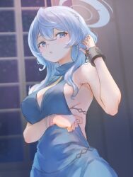 Rule 34 | 1girl, absurdres, ako (blue archive), ako (dress) (blue archive), backless dress, backless outfit, black hairband, blue archive, blue dress, blue eyes, blue hair, blue halo, blush, breasts, cuffs, dress, earrings, hair between eyes, hairband, halo, handcuffs, highres, jewelry, large breasts, long hair, marulire, official alternate costume, open mouth, sideboob, sleeveless, sleeveless dress, solo, strapless