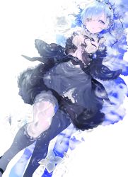 Rule 34 | 10s, 1girl, absurdres, afloat, apron, bad id, bad pixiv id, blue eyes, blue hair, bow, breasts, detached sleeves, dress, eyes visible through hair, flower, frilled dress, frilled sleeves, frills, hair ornament, hair over one eye, half-closed eyes, highres, looking at viewer, maid, maid apron, mary janes, matching hair/eyes, matsudamaiko, open mouth, own hands clasped, own hands together, pantyhose, partially submerged, petals, re:zero kara hajimeru isekai seikatsu, rem (re:zero), shoes, short hair, solo, underbust, water, white pantyhose, wide sleeves, x hair ornament