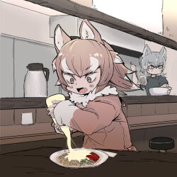Rule 34 | 2girls, animal ears, bowl, brown eyes, brown hair, chibi, closed mouth, contemporary, cooking, fang, fingernails, food, fur collar, green eyes, grey hair, hands up, highres, indoors, japanese wolf (kemono friends), kemono friends, long hair, long sleeves, looking at food, looking at object, makami (kemono friends), mayonnaise, multicolored hair, multiple girls, nenkou-san, noodles, open mouth, plate, shirt, short hair with long locks, short sleeves, skin fang, sleeves past wrists, stool, table, two-tone hair, wolf ears