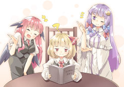 Rule 34 | +++, 3girls, :d, :|, ;), ?, ^ ^, arm up, arnest, bat wings, blonde hair, blunt bangs, blush, book, breasts, capelet, chair, closed eyes, closed mouth, collared shirt, commentary request, crescent, crescent hair ornament, dress, dress shirt, frills, hair ornament, hair ribbon, head wings, holding, holding book, juliet sleeves, koakuma, large breasts, leaning forward, long hair, long sleeves, looking at another, low wings, medium breasts, multiple girls, no headwear, one eye closed, open book, open mouth, patchouli knowledge, puffy short sleeves, puffy sleeves, purple eyes, purple hair, red eyes, red hair, red neckwear, ribbon, rumia, shirt, short hair, short sleeves, sidelocks, simple background, sitting, skirt, skirt set, smile, standing, striped clothes, striped dress, table, touhou, translated, tress ribbon, vertical-striped clothes, vertical-striped dress, very long hair, vest, white background, white shirt, wide sleeves, wings
