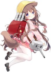 Rule 34 | 1girl, :o, animal ears, azur lane, backpack, bag, bird, black footwear, blue eyes, blush, bow, brown hair, bucket hat, chick, crescent, crescent hair ornament, dog ears, dog girl, dog tail, eyebrows, floppy ears, frills, from side, full body, fumizuki (azur lane), furrowed brow, hair between eyes, hair bow, hair ornament, hat, lifebuoy, long hair, long sleeves, looking at viewer, mary janes, miniskirt, official art, open mouth, pantyhose, pink bow, pink shirt, pink skirt, pleated skirt, randoseru, ribbon-trimmed clothes, ribbon-trimmed sleeves, ribbon trim, shiratama (shiratamaco), shirt, shoes, skirt, sleeves past wrists, solo, striped, striped bow, swim ring, tachi-e, tail, transparent background, turret, white pantyhose, yellow hat