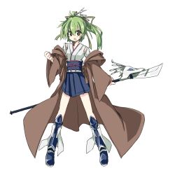 Rule 34 | 1girl, akasaka koutarou, alternate costume, bare shoulders, detached sleeves, duel monster, green eyes, green hair, hair ornament, hair ribbon, highres, looking at viewer, matching hair/eyes, obi, open mouth, ponytail, ribbon, sash, simple background, skirt, solo, weapon, white background, wynn (yu-gi-oh!), wynn the wind charmer, yu-gi-oh!, yu-gi-oh! duel monsters
