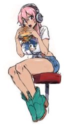 Rule 34 | 1girl, breasts, burger, commentary, denim, denim shorts, english commentary, food, headphones, highres, holding, holding food, kinuko (kinucakes), large breasts, leaning forward, long hair, name connection, nitroplus, open mouth, pink eyes, pink hair, print shirt, shirt, short shorts, shorts, solo, sonic (series), sonic the hedgehog, super sonico, t-shirt, tied shirt, white background, white shirt