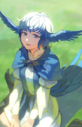 Rule 34 | 1girl, bird girl, bird tail, bird wings, blue capelet, blue eyes, blue hair, blurry, brooch, capelet, depth of field, dress, feathered wings, final fantasy, final fantasy xiv, from above, green background, head wings, highres, jewelry, komoshita, looking at viewer, meteion, on grass, open mouth, outdoors, short hair, sitting, smile, solo, tail, twitter username, wariza, white dress, wings