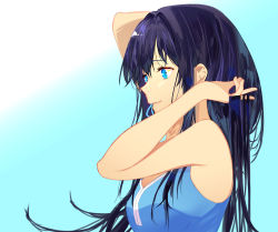 Rule 34 | 1girl, bare shoulders, black hair, blouse, blue eyes, blue ribbon, blue shirt, breasts, closed mouth, from side, hair between eyes, hands in hair, highres, light blue background, long hair, looking away, profile, ribbon, shirt, simple background, smile, solo, talnory, upper body, yahari ore no seishun lovecome wa machigatteiru., yukinoshita yukino