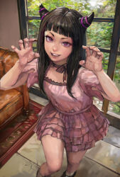Rule 34 | 1girl, black hair, choker, couch, day, dress, han juri, highres, horns, indoors, long hair, looking at viewer, miche, open mouth, paw pose, pink dress, pink ribbon, purple eyes, ribbon, ribbon choker, shoes, short sleeves, smile, solo, standing, street fighter, street fighter 6, teeth