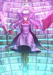 Rule 34 | 1girl, arms up, black pantyhose, book, bookshelf, boots, coat, crescent, dress, female focus, floating, floating book, floating object, hair ribbon, hat, highres, koruse, long hair, long sleeves, magic circle, open clothes, open coat, pantyhose, patchouli knowledge, purple dress, purple eyes, purple hair, ribbon, solo, striped clothes, striped dress, touhou, tress ribbon, very long hair