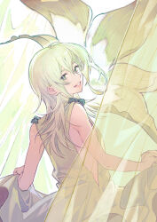 Rule 34 | 1girl, bare arms, blue ribbon, clothes lift, commentary, curtains, dress, dress ribbon, english commentary, floating hair, floral background, from behind, green eyes, highres, long dress, long hair, looking at viewer, looking back, lunar tear, nier, nier (series), parted lips, rampu, ribbon, side slit, sideless dress, sideless outfit, skirt, skirt lift, smile, solo, transparent curtains, upper body, white dress, white hair, yonah
