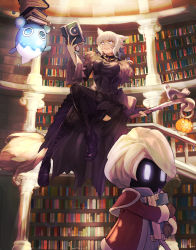Rule 34 | 1girl, animal ears, black dress, blonde hair, book, bookshelf, boots, broom, broom riding, cat ears, coat, cross-laced footwear, dress, facial mark, final fantasy, final fantasy xiv, fisheye, floating, genshu doki, glowing, glowing eyes, grey hair, hand up, highres, holding, holding book, indoors, lace-up boots, library, long sleeves, looking at viewer, miqo&#039;te, open book, open mouth, short hair, smile, thigh boots, whisker markings, white eyes, y&#039;shtola rhul