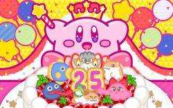 Rule 34 | anniversary, arms up, birthday, birthday cake, blush stickers, cake, candle, cape, chuchu (kirby), coo (kirby), crown, food, gooey (kirby), kine (kirby), kirby, kirby (series), nago (kirby), nintendo, no humans, official art, pitch (kirby), plate, rick (kirby), sitting, smile, solo, star rod, strawberry shortcake, tongue, tongue out