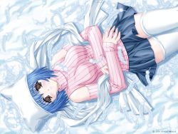 Rule 34 | asuka pyon, blue hair, blush, breasts, brown eyes, detached sleeves, feathers, hat, impossible clothes, impossible shirt, kitazato shigure, lying, on back, shirt, short hair, skirt, snow (game), striped, studio mebius, thighhighs, white thighhighs, zettai ryouiki