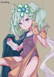 Rule 34 | 1girl, alternate hairstyle, armor, breasts, cape, earrings, final fantasy, final fantasy iv, green eyes, green hair, hair ornament, highres, jewelry, leotard, long hair, looking at viewer, open mouth, puddinghomhom, rydia (ff4), shoulder armor, simple background, small breasts, solo, star (symbol), star earrings, twintails