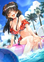 1girl ball bikini black_hair blue_sky breasts chair choker cloud coconut_tree collarbone commentary_request fuji_taku hair_ribbon heart heart_choker heart_print idolmaster idolmaster_shiny_colors long_hair mayuzumi_fuyuko navel palm_tree red_bikini ribbon sky smile solo swimsuit teeth tree twintails upper_teeth_only water yellow_eyes