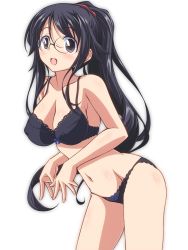 Rule 34 | 1girl, black bra, black hair, black panties, bow, bow bra, bow panties, bra, breasts, character request, cleavage, commentary request, cowboy shot, glasses, kikuchi tsutomu, lace, lace-trimmed bra, lace-trimmed panties, lace trim, leaning forward, long hair, looking at viewer, medium breasts, open mouth, panties, round eyewear, saito-kun wa esper rashii, simple background, smile, solo, standing, underwear, underwear only, white background
